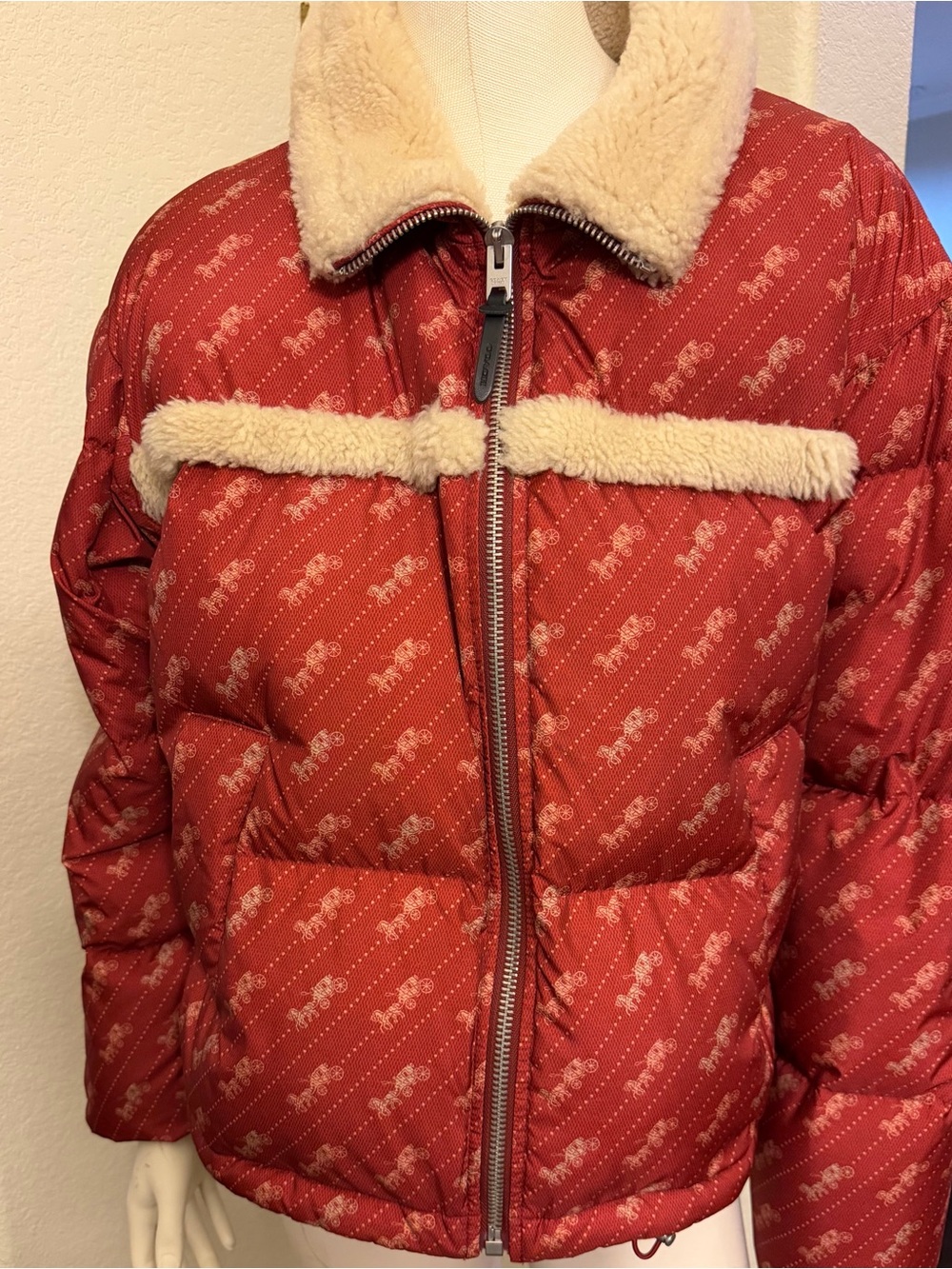 Coach Red Quilted Puffer Jacket with Cream Shearling Trim